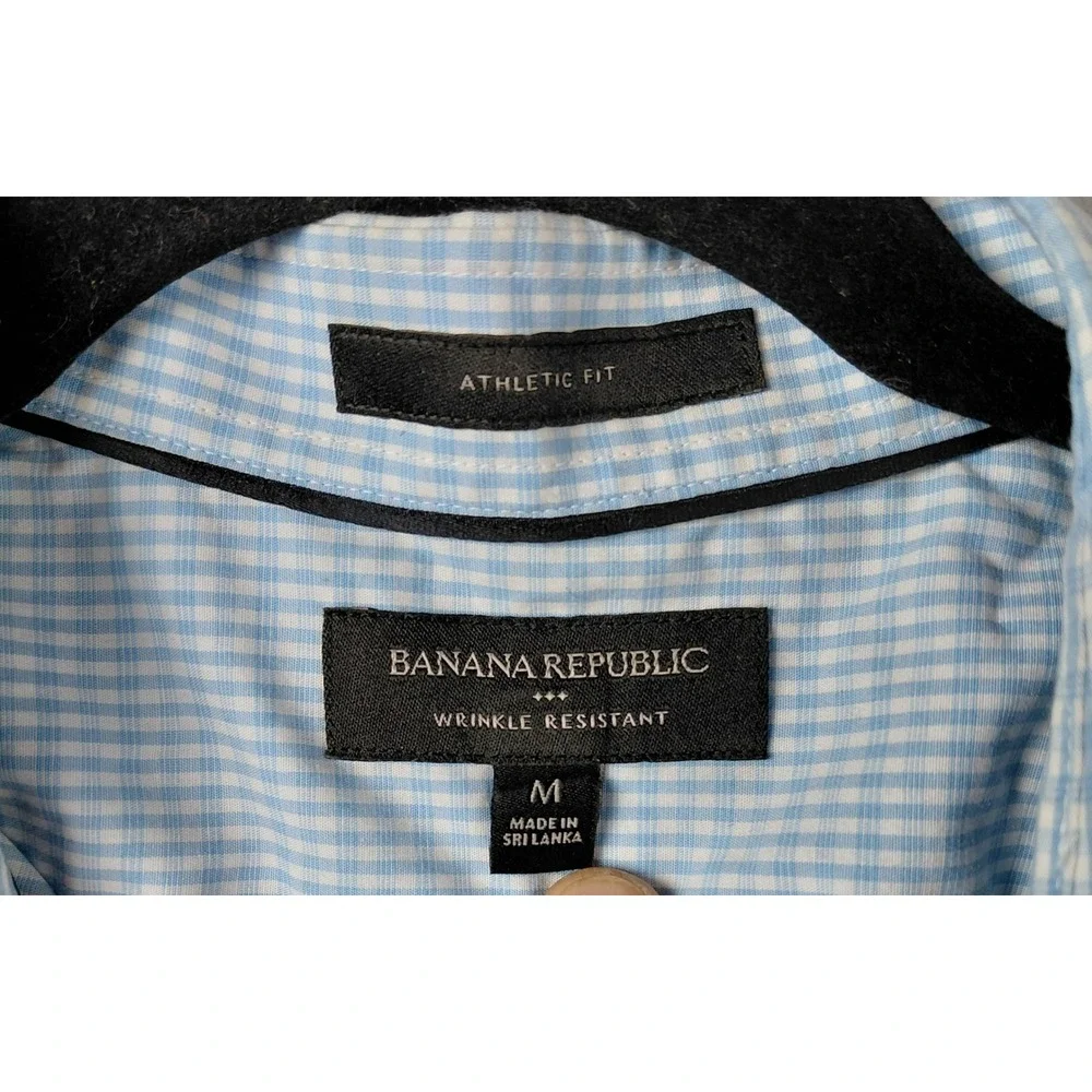 Banana‎ Republic Mens Athletic Fit Gingham Shirt Blue White Wrinkle Resistant M